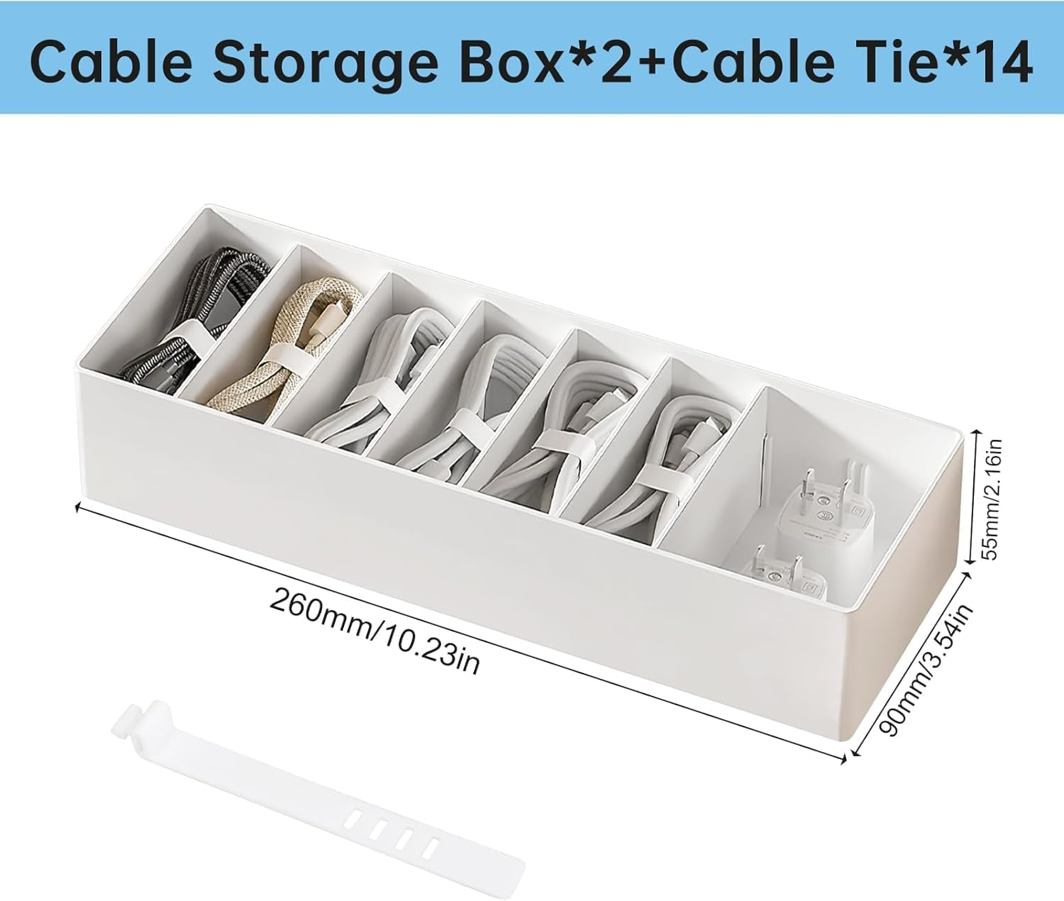 PAVSTINE Datenkabel-Organisator Kleiner 2Er-Pack Mit 14 Kabelbindern | Kabelbox Weiß Mit Verstellbaren FäChern, Kabel Organizer Zur Aufbewahrung Von Schreibwaren, Batterien Und Ladekabeln