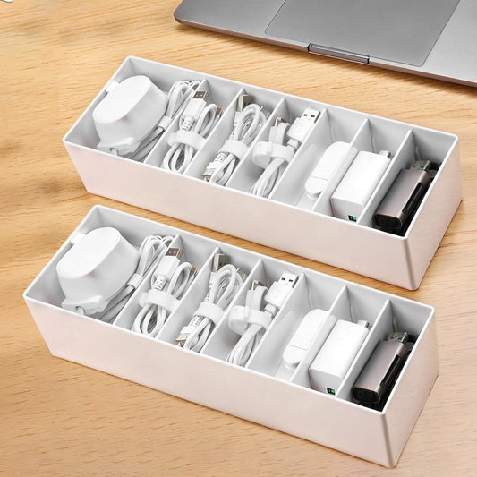 PAVSTINE Datenkabel-Organisator Kleiner 2Er-Pack Mit 14 Kabelbindern | Kabelbox Weiß Mit Verstellbaren FäChern, Kabel Organizer Zur Aufbewahrung Von Schreibwaren, Batterien Und Ladekabeln