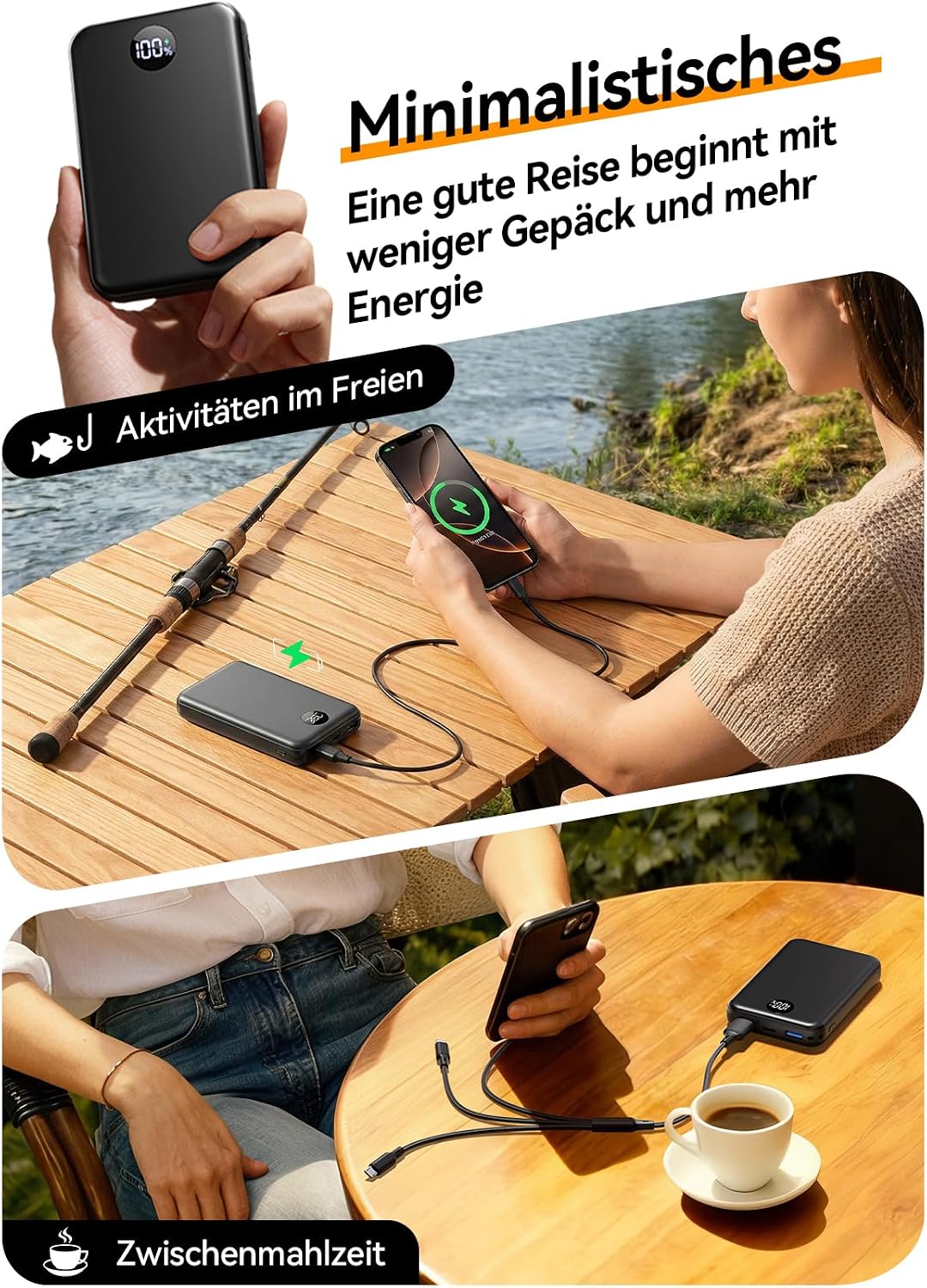 Power Bank 27.000 mAh – Ultrakompakte Powerbank mit Schnellladefunktion & 3-in-1-Kabel | Externer Akku mit LED-Display für Reisen & Alltag, 3 Ports für iPhone 17/16/15 Serie, Samsung, iPad u. v. m. – Flugtauglich