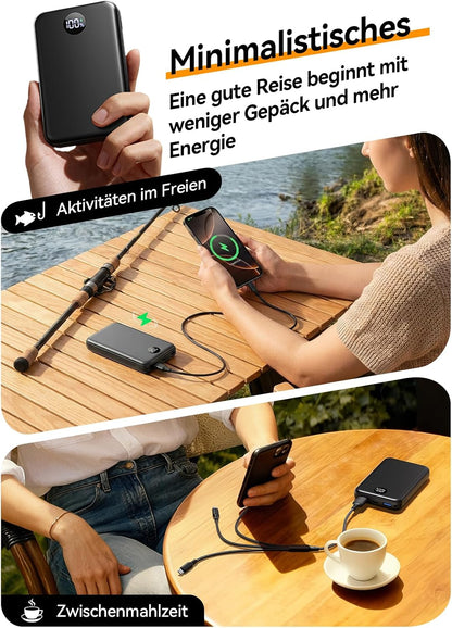 Power Bank 27.000 mAh – Ultrakompakte Powerbank mit Schnellladefunktion & 3-in-1-Kabel | Externer Akku mit LED-Display für Reisen & Alltag, 3 Ports für iPhone 17/16/15 Serie, Samsung, iPad u. v. m. – Flugtauglich