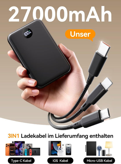 Power Bank 27.000 mAh – Ultrakompakte Powerbank mit Schnellladefunktion & 3-in-1-Kabel | Externer Akku mit LED-Display für Reisen & Alltag, 3 Ports für iPhone 17/16/15 Serie, Samsung, iPad u. v. m. – Flugtauglich