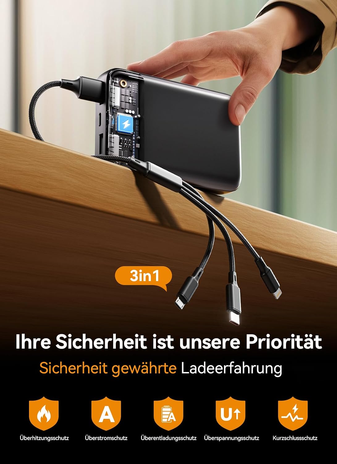 Power Bank 27.000 mAh – Ultrakompakte Powerbank mit Schnellladefunktion & 3-in-1-Kabel | Externer Akku mit LED-Display für Reisen & Alltag, 3 Ports für iPhone 17/16/15 Serie, Samsung, iPad u. v. m. – Flugtauglich