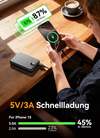 Power Bank 27.000 mAh – Ultrakompakte Powerbank mit Schnellladefunktion & 3-in-1-Kabel | Externer Akku mit LED-Display für Reisen & Alltag, 3 Ports für iPhone 17/16/15 Serie, Samsung, iPad u. v. m. – Flugtauglich