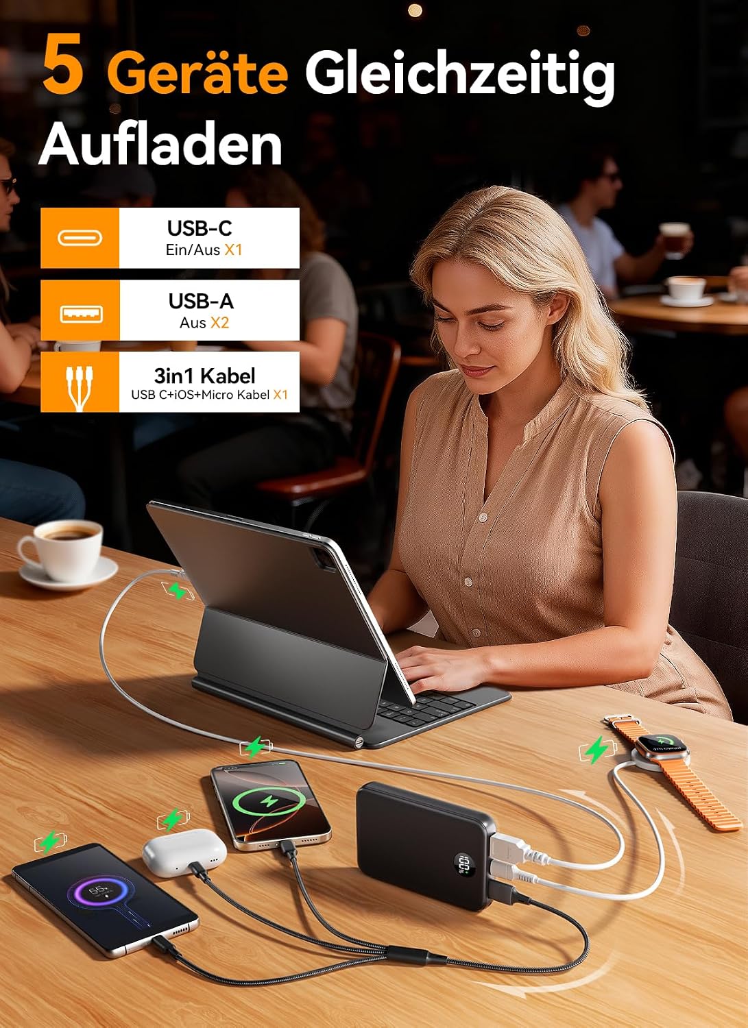 Power Bank 27.000 mAh – Ultrakompakte Powerbank mit Schnellladefunktion & 3-in-1-Kabel | Externer Akku mit LED-Display für Reisen & Alltag, 3 Ports für iPhone 17/16/15 Serie, Samsung, iPad u. v. m. – Flugtauglich