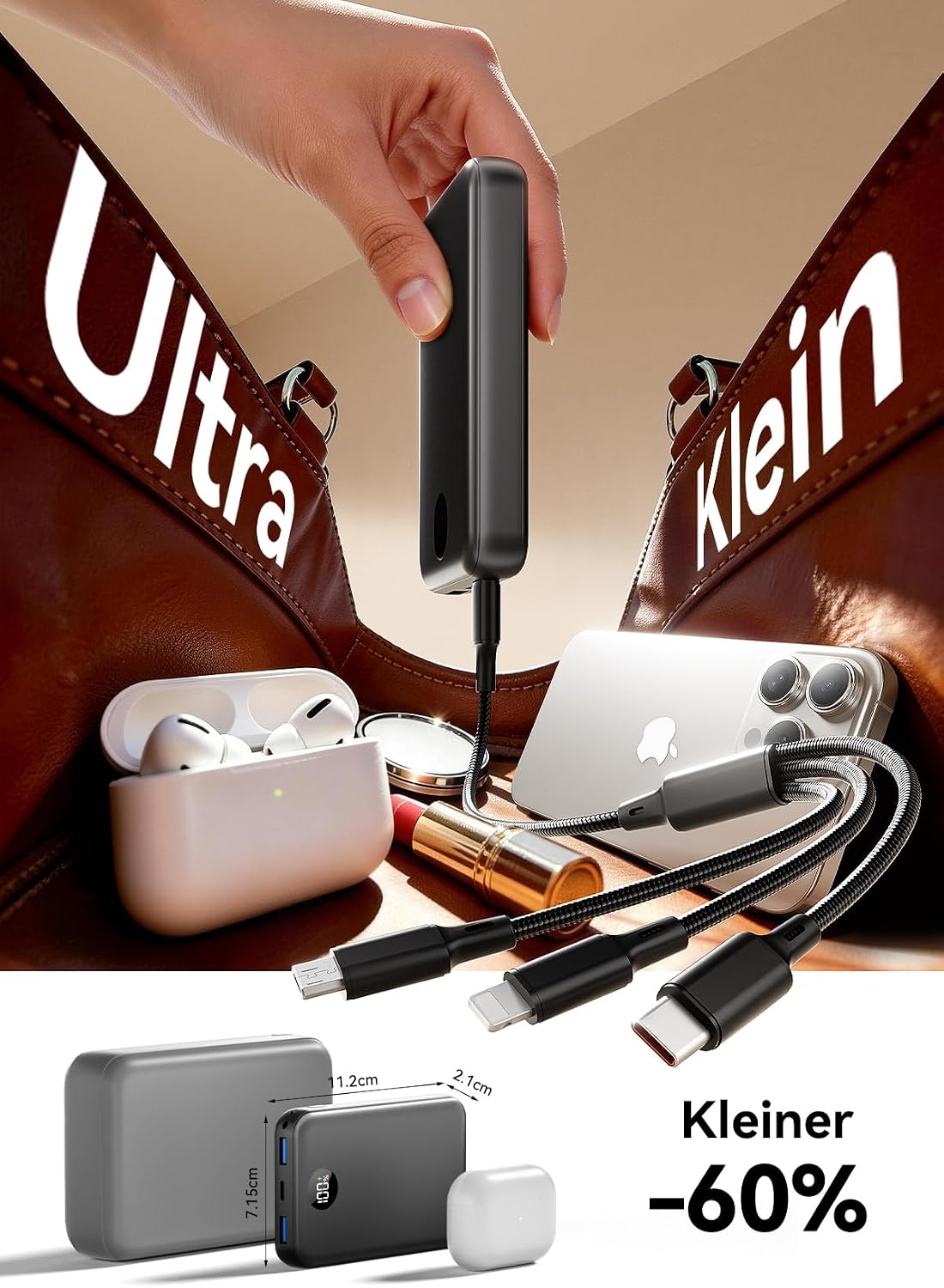 Power Bank 27.000 mAh – Ultrakompakte Powerbank mit Schnellladefunktion & 3-in-1-Kabel | Externer Akku mit LED-Display für Reisen & Alltag, 3 Ports für iPhone 17/16/15 Serie, Samsung, iPad u. v. m. – Flugtauglich