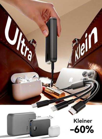 Power Bank 27.000 mAh – Ultrakompakte Powerbank mit Schnellladefunktion & 3-in-1-Kabel | Externer Akku mit LED-Display für Reisen & Alltag, 3 Ports für iPhone 17/16/15 Serie, Samsung, iPad u. v. m. – Flugtauglich