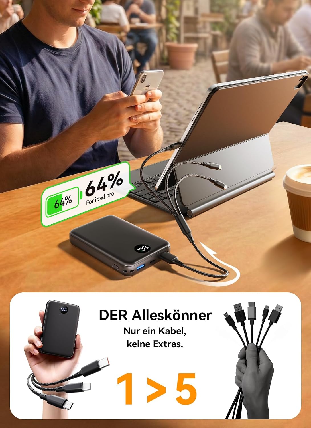 Power Bank 27.000 mAh – Ultrakompakte Powerbank mit Schnellladefunktion & 3-in-1-Kabel | Externer Akku mit LED-Display für Reisen & Alltag, 3 Ports für iPhone 17/16/15 Serie, Samsung, iPad u. v. m. – Flugtauglich