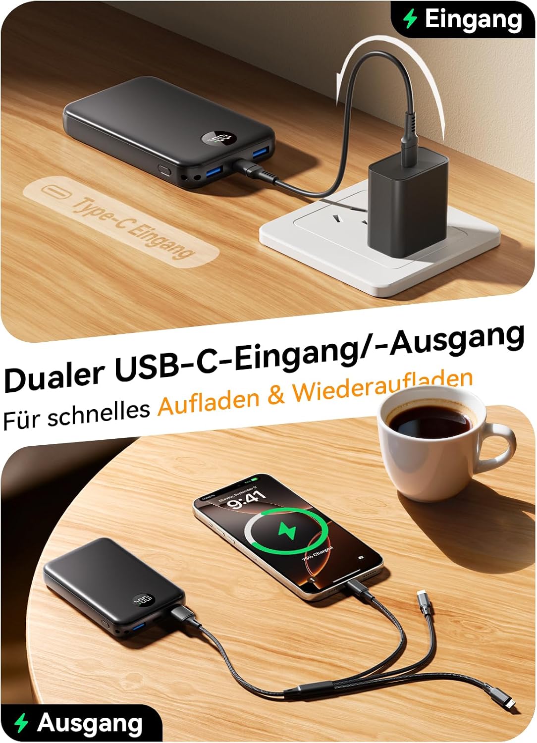 Power Bank 27.000 mAh – Ultrakompakte Powerbank mit Schnellladefunktion & 3-in-1-Kabel | Externer Akku mit LED-Display für Reisen & Alltag, 3 Ports für iPhone 17/16/15 Serie, Samsung, iPad u. v. m. – Flugtauglich